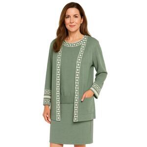 VTG Mita Womens 3 Piece Skirt Set Sage Green Ivory Geometric  Knit Classic SZ 12